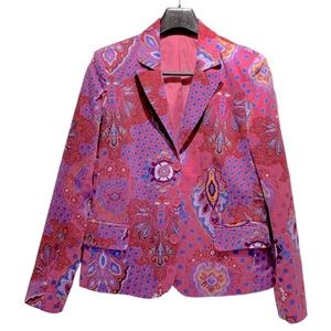 Women cotton blend purple floral blazer jacket single breasted siz 6-8 mint cond